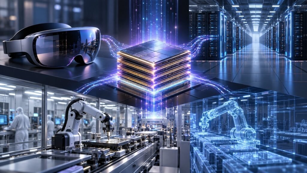 HBM 반도체와 갤럭시 XR, AI 데이터센터와 디지털 트윈 제조라인을 표현한 삼성전자 2025년 10월 타임라인 이미지